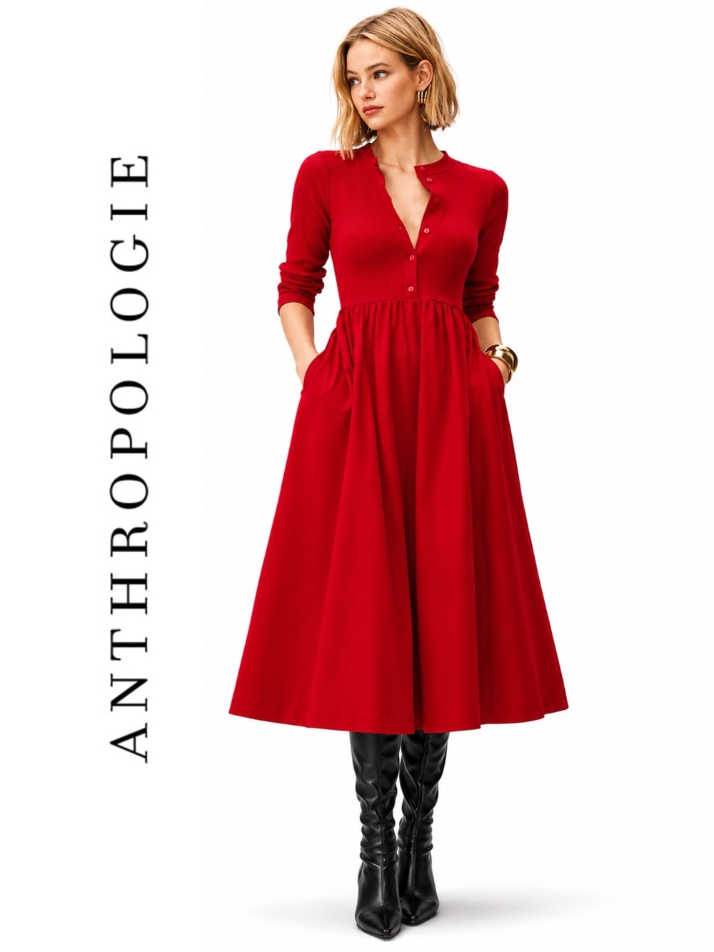 Anthropologie Maeve Long-Sleeve Twofer Cardigan Midi Dress